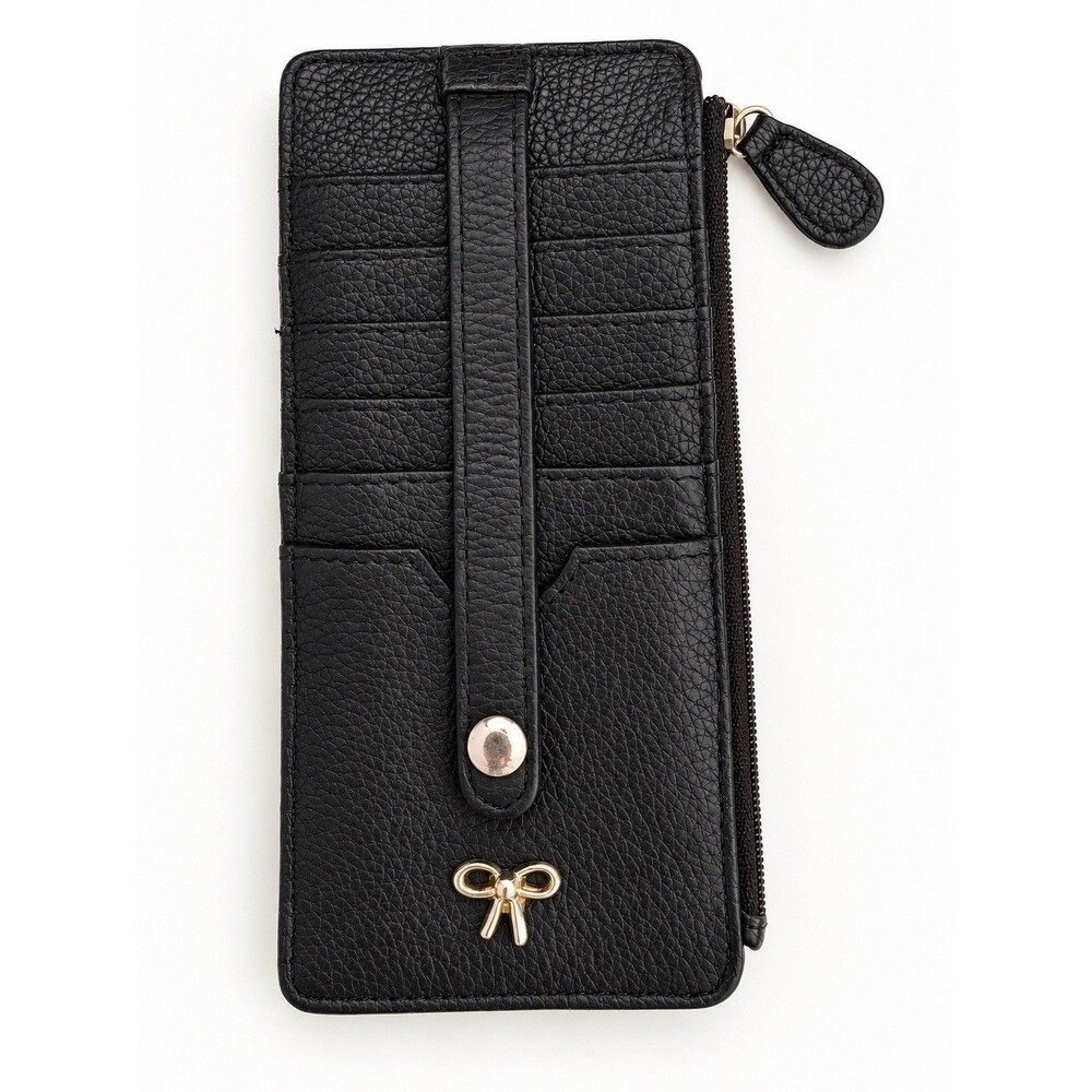 Black Faux Leather Zip Around Wallet Card Holder Gold Bow Accent